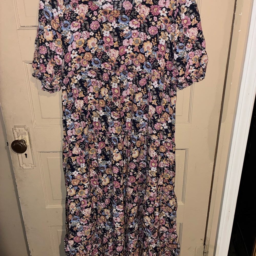 Natural Life Floral Midi Dress Ruffle Sleeve 100% Rayon Size L